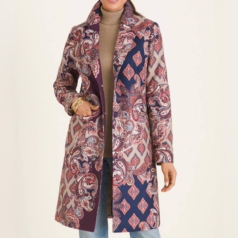 Chico’s Patched-Print Coat Red Pink Pasiy Print size 3 US Size 16 / 18